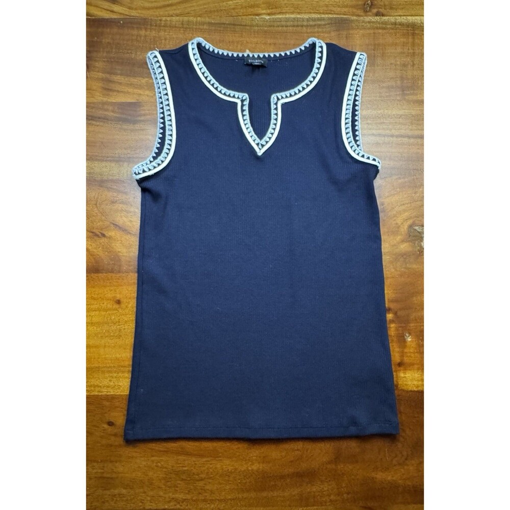 Talbots Women's XS Navy Blue Ribbed Sweater Vest Split Neck Embroidered Trim